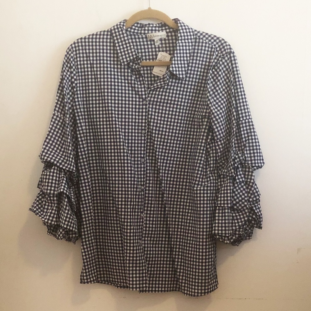 Neiman Marcus Ruffle-Sleeve Gingham Blouse